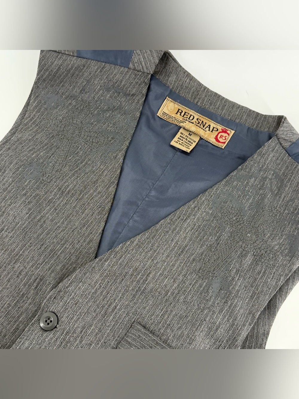 Red Snap Gray Pinstriped Suit Vest Mens M Embroidered Cross Western Waistcoat - Picture 3 of 10